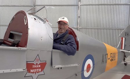 'Rob' Wells in his cousin, Len Creek's Tiger Moth at Nhill Aviation Museum, 2018.